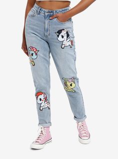 The world of tokidoki is coming for your closet! Rep your favorite Unicornos beyond your collectibles shelf with these light wash mom jeans decorated with Unicornos like Sakura  Kinoko  Valentino and Tokimeki. Jeans can be cuffed or not.99% cotton; 1% elastaneWash cold; dry lowRise: 11"Inseam: 30"Leg opening: 5 12"ImportedListed in junior sizesModel is 5'9"Model wears size 3 Cute Light Wash Cotton Jeans, Toki Doki, Light Wash Mom Jeans, Dory Finding Nemo, Hello Kitty House, Disney Dragon, Blue Beetle, Halloween Horror Nights, Cute Pants