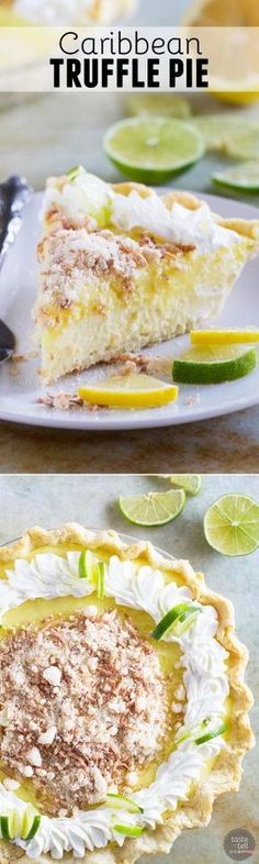 two different views of a pie with limes on the side