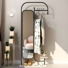 a mirror and clothes rack in a room