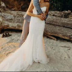 a bride and groom embracing on the beach at sunset with driftwood in the background