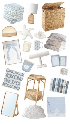 an assortment of blue and white items are arranged in the shape of a collage