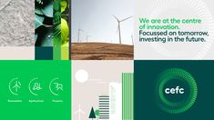 an advertisement for the cefc is shown in several different colors and styles, including green