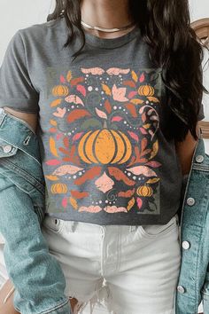 FLORAL PUMPKINS,THANKSGIVING,FALL UNISEX SHORT SLEEVE,GRAPHIC TEE,GRAPHIC TSHIRTS,TSHIRTS,TEES100%COTTON,HEATHER(52%COTTON,48%POLY),ATH.HEATHER,BLACK HEATHER(90%COTTON,574%POLY)NICARAGUAMade In: Nicaragua Casual Printed Fall T-shirt, Casual Printed T-shirt For Fall, Casual Printed Fall Shirt, Multicolor Screen Print Tops For Fall, Gray Graphic Tee For Fall, Fall Printed Crew Neck T-shirt, Casual Fall Tops With Short Sleeves, Fall Gray Graphic Print T-shirt, Multicolor Short Sleeve Shirt For Fall