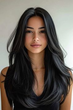 Black Hair Long Haircut, Subtle Haircuts For Long Hair, Jet Black Hair Hairstyles, Cute Haircuts For Black Hair, Haircuts With Black Hair, Makeup Ideas For Black Hair, Asian Jet Black Hair, Medium Length Hair With Subtle Layers, Hairstyles For Medium Length Black Hair