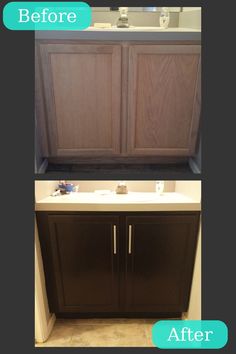 before and after pictures of a bathroom vanity with dark wood cabinets, white countertop