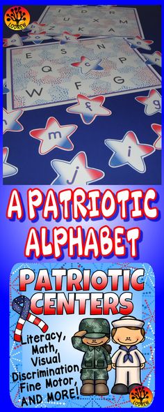 an alphabet game with two pictures and the words, patriotic letters are shown in red, white