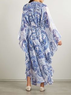 Elegant Flowy Printed Kaftan, Bohemian Georgette Beach Dress, Chic Floor-length Kaftan For The Beach, Chic Floor-length Beach Kaftan, Elegant Floral Print Flowy Kaftan, Elegant Paisley Print Beach Dresses, Elegant Printed Beach Kaftan, Elegant Beach Dress With Paisley Print, Elegant Blue Floral Print Kaftan