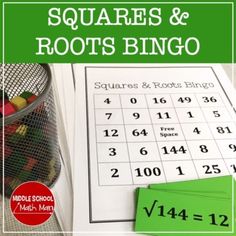 a square and root's bingo game next to a pile of diced fruit