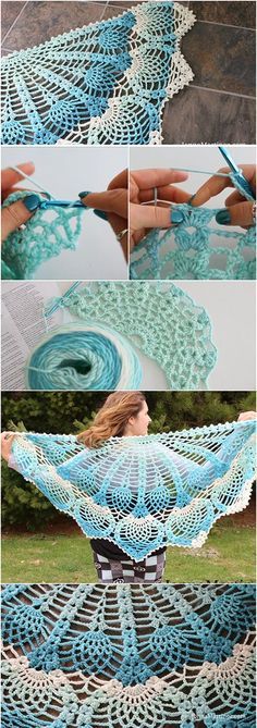 crocheted shawl made with blue yarn and white thread, in the shape of an umbrella