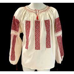 Vintage Embroidered Folk Blouse Top Xl Romanian Ukranian Costume Peasant Bohemian Stunning Embroidery!! Simply Gorgeous Handwork. Very Solid Vintage Condition With Some Spots, Marks, And Faint Discolored Areas Due To Age/Use/Storage. I Did Not Attempt To Launder, But Most Of The Spots Look Like They Might Wash Out. As Is. From An Estate. White Folk Peasant Top For Festival, Traditional White Peasant Top With Geometric Embroidery, Folk Style Embroidered Hem Long Sleeve Peasant Top, Folk Style Long Sleeve Peasant Top With Embroidered Hem, Folk Style Long Sleeve Embroidered Peasant Top, White Bohemian Peasant Top With Embroidered Border, Folk Style Embroidered Red Peasant Top, Red Embroidered Folk Peasant Top, White Peasant Top With Geometric Embroidery