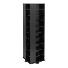 a tall black bookcase with shelves on each side