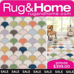 rugs and home sale flyer with an image of a colorful pattern on the floor