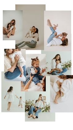 a collage of people sitting on the floor and posing for pictures with their babies