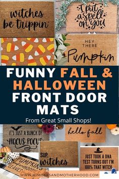 funny and fun halloween door mats with words on them that say, happy pumpkins