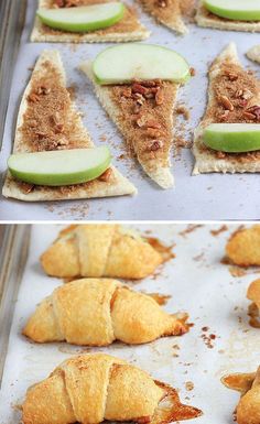 apple slices and cinnamon croissants are on a baking sheet before and after they have been baked