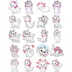 various stickers with cats and hearts on them, all in different shapes and sizes