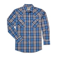 This ely cattleman shirt is a basic plaid and a must for every guy!Arc Rating Type: Not_applicableArc Thermal Performance Value (atpv): Not_applicableClosure Type: SnapFit: Classic FitNeckline: Collar NeckPockets: 2 Chest Snap PocketsSleeve Length: Long SleeveSleeve Style: Cuffed SleeveFiber Content: 65% Polyester, 35% CottonFabric Description: WovenCollar: Point CollarCare: Tumble Dry, Machine WashCountry of Origin: Imported Blue Fitted Long Sleeve Flannel Shirt, Country Style Button-up Cotton Tops, Country Style Cotton Button-up Tops, Cotton Shirt For Rodeo In Fall, Western Style Blue Relaxed Fit Tops, Collared Cotton Shirt For Ranch, Relaxed Fit Cotton Shirt For Rodeo, Western Style Collared Cotton Shirt, Western Blue Relaxed Fit Tops