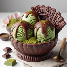 chocolate and green ice cream in a bowl