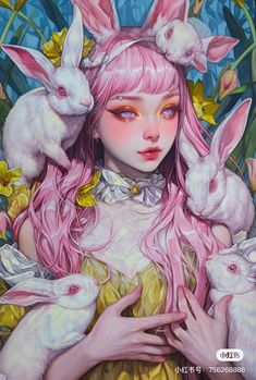 a painting of a girl with pink hair holding rabbits