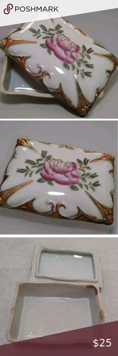 Occupied Japan Lotus Flower Hand Painted Lidded Trinket Box Pink Gold Trim 4"