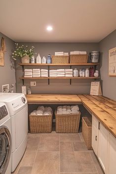 Farmhouse Laundry Room Mudroom, Laundry Room With Washer And Dryer On Opposite Walls, Laundry Room Design Folding Counter, Family Closet Laundry Room, Laundry Room Office Combo, Basement Laundry Room Ideas, Rustic Laundry Room, Diy Laundry Room Makeover, Laundry Room Decor Ideas