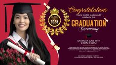 a woman in graduation cap and gown holding a bouquet of flowers with congratulations written on it