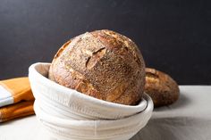 two loaves of bread in a white bowl