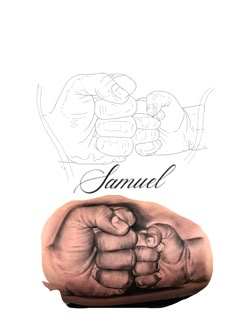 two hands holding each other with the word samuel written on it and another hand in the background