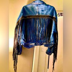 Super Cute, Authentic True Religion Blue Jean Jacket W Black Fringe, Size Large. Blue Fringe Outerwear For Spring, Blue Fringe Outerwear For Fall, Blue Denim Jacket With Fringe, Trendy Blue Fringe Outerwear, Trendy Blue Fringed Outerwear, Fitted Fringe Long Sleeve Denim Jacket, True Religion Sweater, True Religion Jacket, Leather Fringe Coats & Jackets