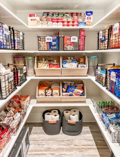 an organized pantry with lots of food and supplies on shelves, including toilet paper rolls