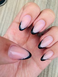 Black Birthday Nails Almond, Glittery Black French Tip Nails, Black French Tip Nails Almond Shape, Nail Designs Rhinestones Simple, Black Tip Nails With Design, Almond Nails Black French Tip, Black French Manicure Almond, Black And White Nails Almond, Black Formal Nails