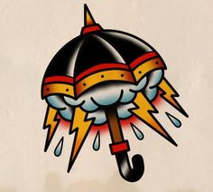 a drawing of an umbrella with lightning coming out of it