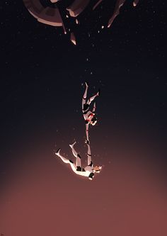 an abstract image of two people floating in the air with their feet up and arms out