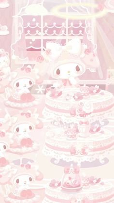 an image of a pink cake with hello kitty on it's top and many other cakes in the background