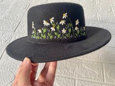 "\"【The Idea】A pretty hand embroidery fedora that you can wear it anywhere and in any season. It is a perfect product for those who want to try something different. Get trendy with this hand-embroidery fedora 【SIZE】The measurements are approximately - Brim: 3.75 in. Crown height 4 in. Size: One size. Circumference 59 cm or 23\"\" or 7 3/8. Internal drawstring for an adjustable fit 【TOTALLY HANDMADE】As we have been working on simple crafts for those who retire but are not tired, we create product Hand Painted Felt Hats, Spring Embroidered Flat Brim Hat, Spring Embroidered Fedora Hat, Spring Handmade Mini Hat With Flat Brim, Handmade Spring Mini Hat With Flat Brim, Custom Fedora Hat, Embroidered Hats Ideas, Custom Fedora, Tovad Ull