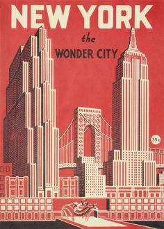 an advertisement for new york, the wonder city in red and black with skyscrapers