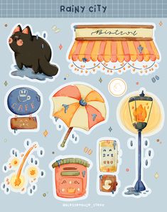 an illustrated set of stickers depicting various items from the rain, including umbrellas and other things