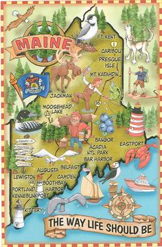 the maine map is shown with many things to see and do in it's state