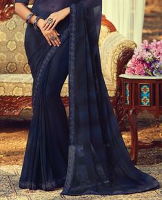 Navy Blue Designer Embroidered Georgette Party Wear Saree-Saira's Boutique Navy Blue Saree, Saree Georgette, Resham Embroidery, Party Sarees, Simple Sarees, Party Wear Saree, Georgette Blouse, Blue Saree, Navy Blue Fabric