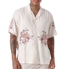 Abercrombie & Fitch Linen Blend Floral Embroidered Needlepoint Short Sleeve Button Down Shirt In Size Xl Lightweight. Measurements Are Provided In The Photos. Pet And Smoke Free Home. Free Of Stains And Flaws. New With Tags Embroidered Relaxed Fit Camp Shirt, Embroidered Relaxed Fit Casual Camp Shirt, Embroidered Casual Camp Shirt With Relaxed Fit, Casual Embroidered Camp Shirt With Relaxed Fit, Casual Embroidered Collared Shirt, Casual Embroidered Top With Camp Collar, Spring Floral Embroidery Relaxed Fit Shirt, Pink Casual Collar Tops For Spring, Spring Cotton Camp Shirt With Casual Collar