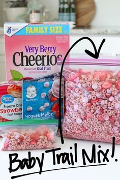 baby trail mix in a bag with the label labeled very berry cheetos next to it