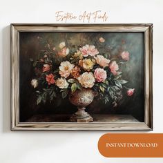 an oil painting of flowers in a silver vase on a white wall with the words estate art finds above it