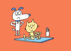 a cartoon dog and cat sitting on top of a blue mat next to each other