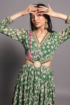 Shop for  Green Poly Georgette Floral Print Cut-out Anarkali Dress for Women Online at Aza Fashions Stylish Kurtis Design, Trendy Outfits Indian, Anarkali Dress Pattern, Indian Dresses Traditional, Traditional Indian Outfits, Indian Gowns, Beautiful Dress Designs, Designer Dresses Casual, Stylish Party Dresses