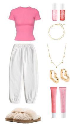 a pink shirt, white pants and gold accessories