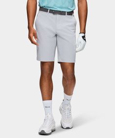 Light Grey Four-Way Stretch Shorts Macade Golf Shirt Tucked In, Silicone Gel, Designer Shorts, Stretch Shorts, Grey Shorts, Model Measurements, Bermuda Shorts, Woven Fabric, Light Grey