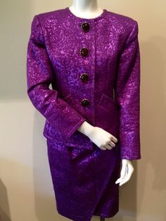 Vintage YSL purple cotton/metallic suit from the 80's. Mint condition. Gorgeous buttons, a real show stopper. Fitted Vintage Purple Blazer, Fitted Purple Blazer With Buttons, Ysl Suit, Metallic Suit, Vintage Ysl, Rhinestone Choker, The 80's, Gucci Sunglasses, Pink Rhinestones