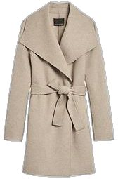 Beige Wool Shawl Collar Outerwear, Belted Outerwear For Cold Weather In Fall, Fall Outerwear Belted For Cold Weather, Modern Belted Outerwear For Fall, Modern Belted Fall Outerwear, Chic Belted Outerwear For Cold Weather, Cozy Fitted Outerwear For Work, Fall Workwear Outerwear With Shawl Collar, Belted Wrap Outerwear For Fall