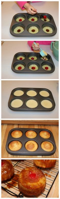 the process of making cupcakes is shown in three different stages, including baking