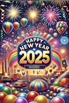 fireworks and balloons are in the sky with happy new year 205 wishes